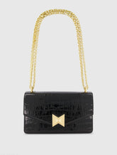 Black Crocodile Leather Shoulder Bag With Gold Hardware